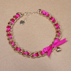 Betsey Johnson Gold Chain Woven With Pink Ribbon Bow And Heart Charm